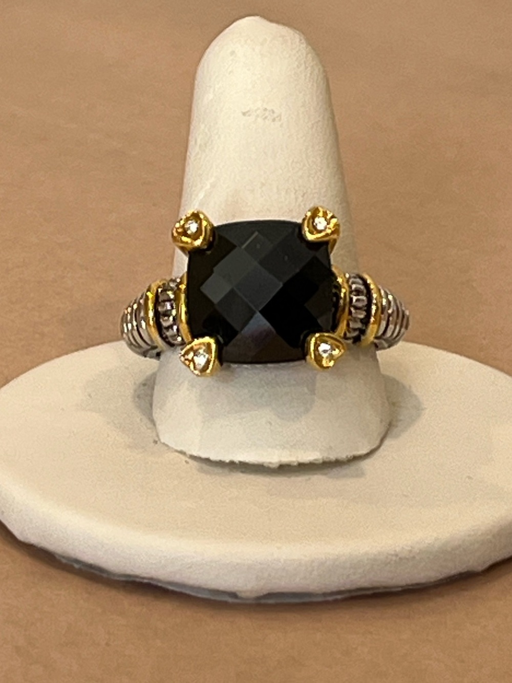 Two-Tone Twisted Cable Statement Ring with Faceted Black Stone & 18K GE Accents